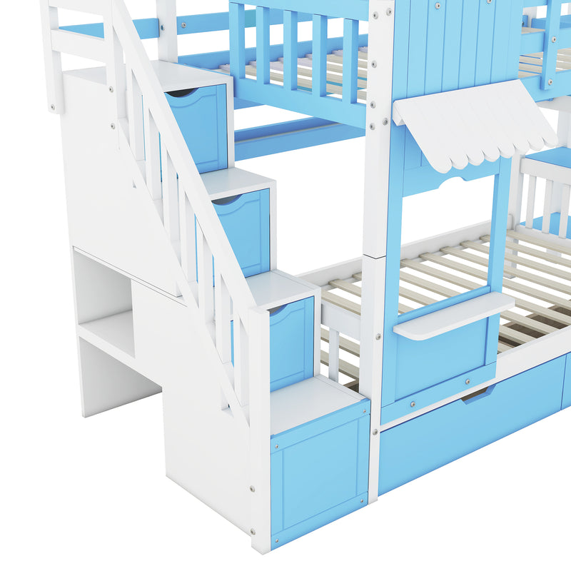 Twin-Over-Twin Castle Style Bunk Bed with 2 Drawers 3 Shelves and Slide - Blue