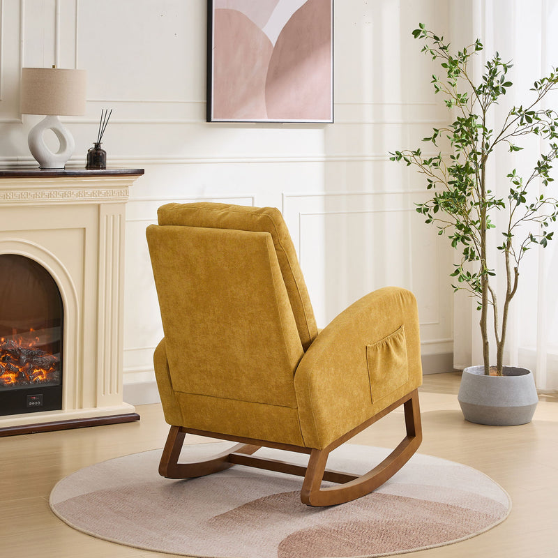 Rocking Chair For Nursery, Polyester Glider Chair With High Back And Side Pocket, Rocking Accent Armchair With Rubber Wood Legs For Living Room / Bedroom