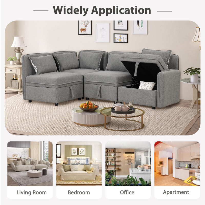 Convertible Modular Minimalist Sofa Free Combination 4 Seater Sofa Chenille Sectional Sofa With 5 Pillows For Living Room, Office, Apartment, Small Space