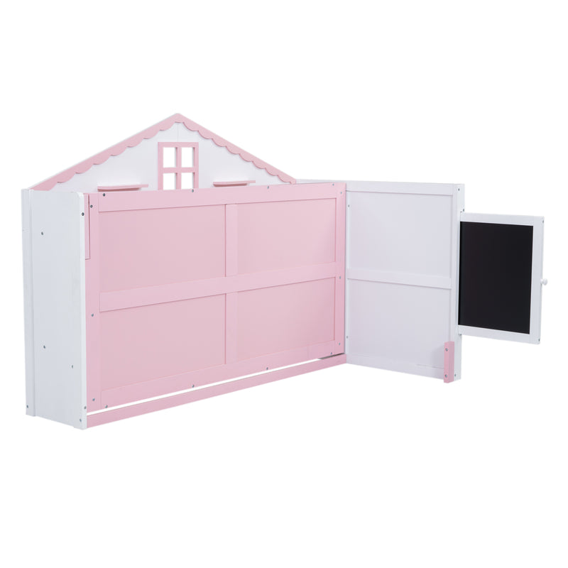 Wood Twin Size House Murphy Bed with USB, Storage Shelves and Blackboard, Pink+White