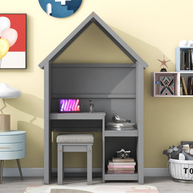 House-Shaped Kids Desk With A Cushion Stool, House-Style Desk And Stool Set