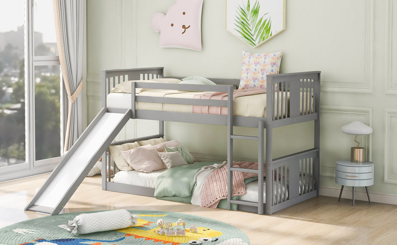 Twin Over Twin Bunk Bed with Slide and Ladder, Gray (Old SKU：LP000108AAE)