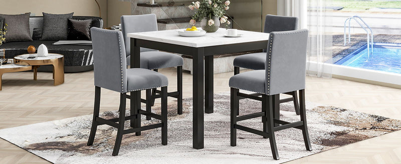 5-Piece Counter Height Dining Table Set With One Faux Marble Top Dining Table And Four Velvet Upholstered Chairs