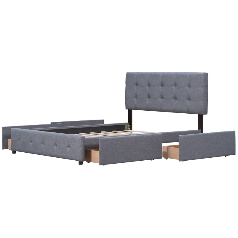 Queen Size Upholstered Platform Bed With Classic Headboard And 4 Drawers, No Box Spring Needed - Dark Gray