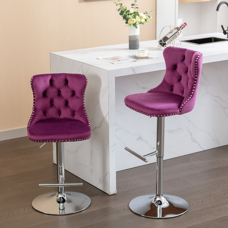 Swivel Velvet Barstools Adjusatble Seat Height From 25-33", Modern Upholstered Chrome Base Bar Stools With Backs Comfortable Tufted For Home Pub And Kitchen Island (Set of 2)