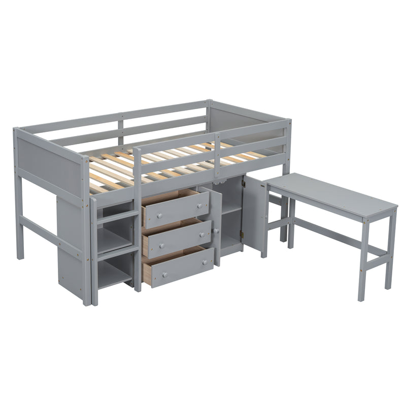 Twin Size Low Loft Bed With Pull-Out Desk, Drawers, Cabinet, and Shelves for Grey Color