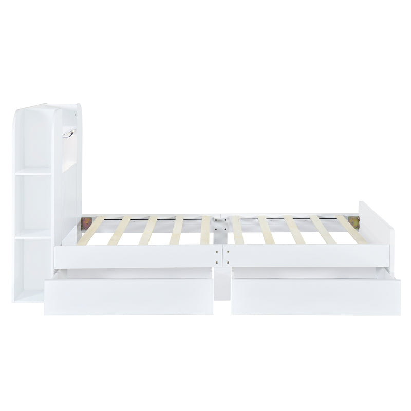 Twin Size Storage Platform Bed Frame with with Two Drawers and Light Strip Design in Headboard,White