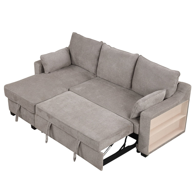 Pull Out Sleeper Sofa L-Shaped Couch Convertible Sofa Bed With Storage Chaise, Storage Racks And USB Ports