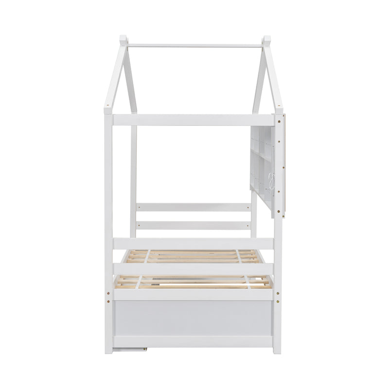 Twin House Bed with Roof Frame, Bedside-shelves, Under Bed Storage Unit,White