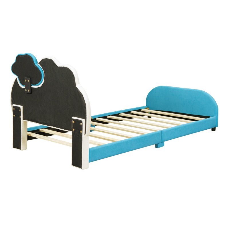 Twin Size Upholstered Platform Bed with Cloud-Shaped Headboard and Embedded Light Stripe, Velvet, Blue