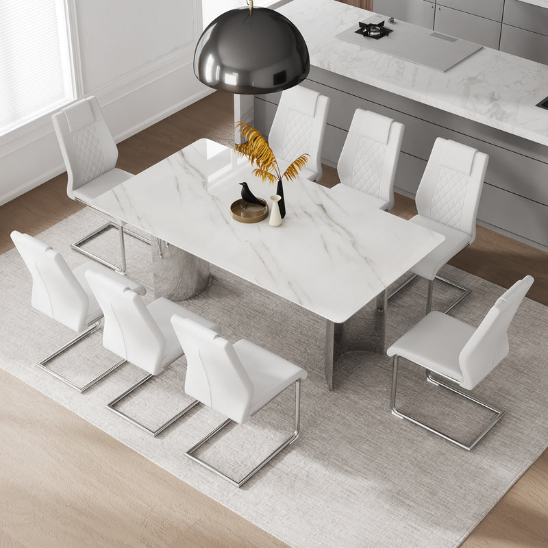 Table and chair set, modern and minimalist dining table. Imitation marble glass sticker desktop, stainless steel legs, stable and beautiful. Comfortable PU seats. DT-69