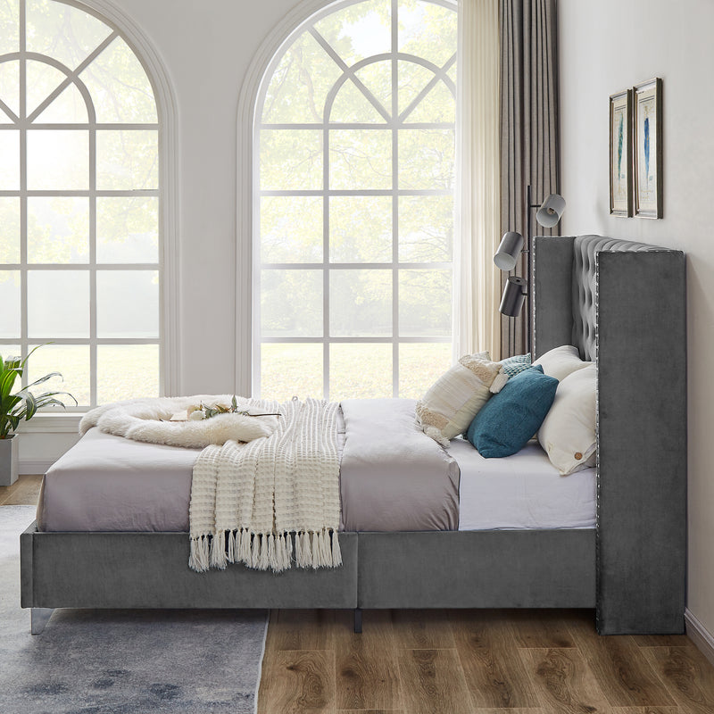 B100S Queen bed,  Button designed Headboard, strong wooden slats + metal support feet, Gray Flannelette