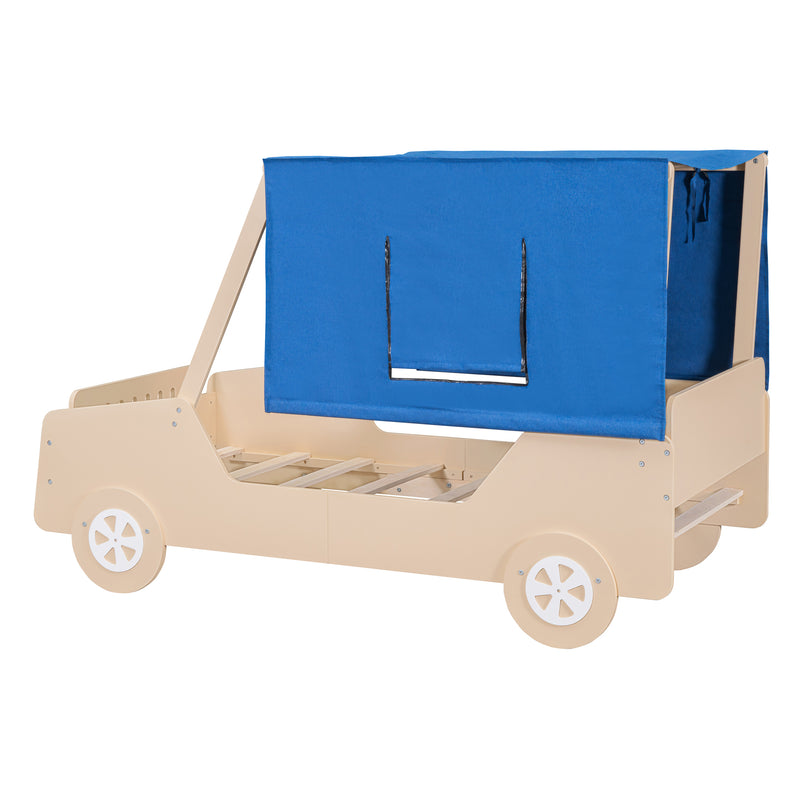 Twin Size Car Shaped Bed with Tents,Natural