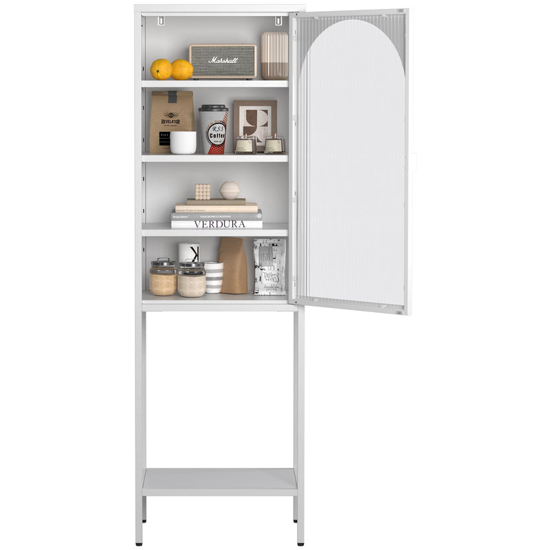 Metal Glass Door Display Storage Cabinet - 5 Tier Cube Bookshelf Storage Cabinet With 3 Adjustable Shelves For Kitchen, Dining Room, Living Room, Bathroom, Home Office - Antique White