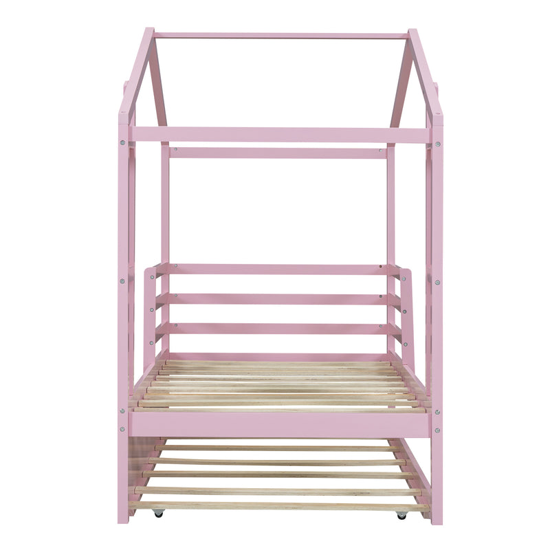 Twin Size Wood House Bed with Fence and Writing Board,Pink