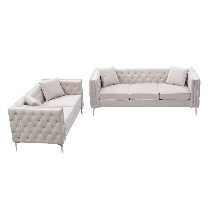 2 Piece Modern Velvet Living Room Set With Sofa And Loveseat, Jeweled Button Tufted Copper Nails Square Arms, 4 Pillows Included - Beige