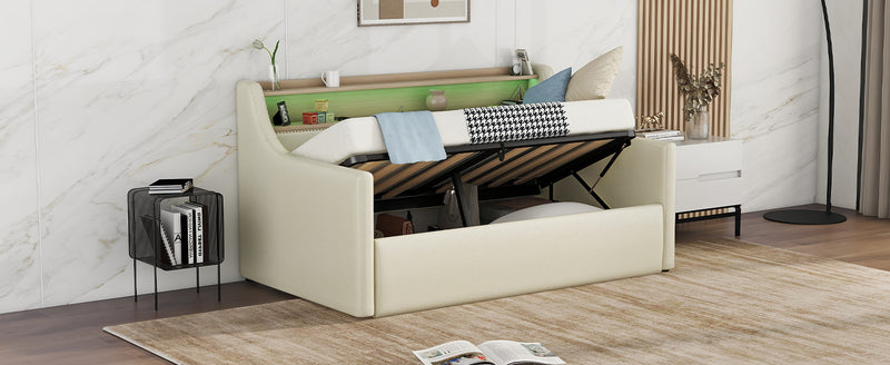 Twin Size Daybed with Hydraulic Storage, Upholstered Daybed with Lift Up Storage, Twin Leather Daybed with Charging Station and LED Lights,Beige