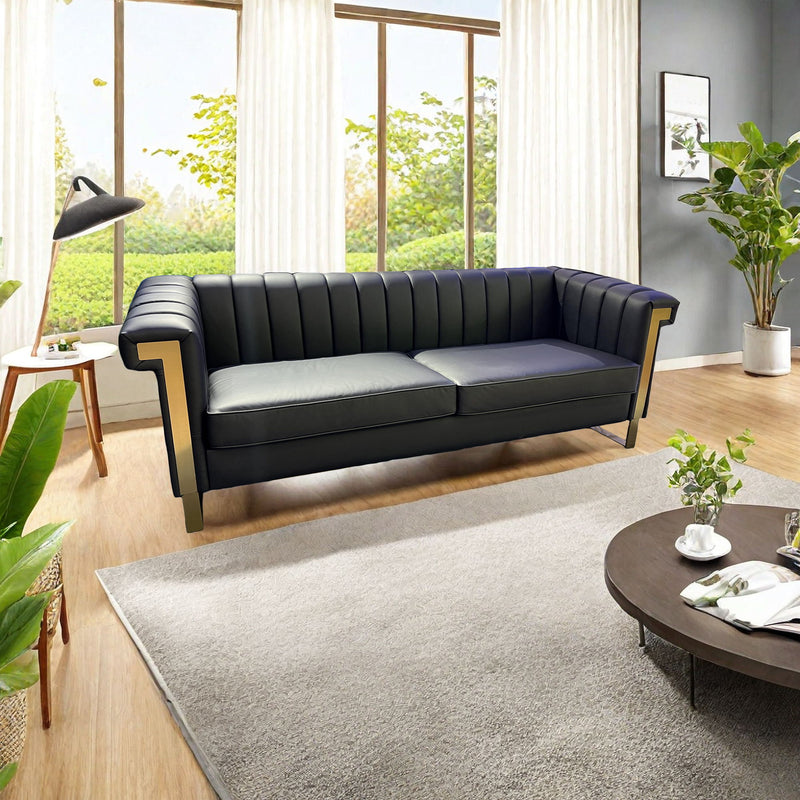 Sofa Modern Sofa With Gold Accents, Sleek Channel-Tufted Upholstery, 3 Seat Couch For Living Room And Office Decor