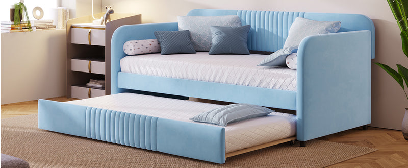 Upholstered Daybed Sofa Bed Twin Size With Trundle Bed and Wood Slat, Light Blue