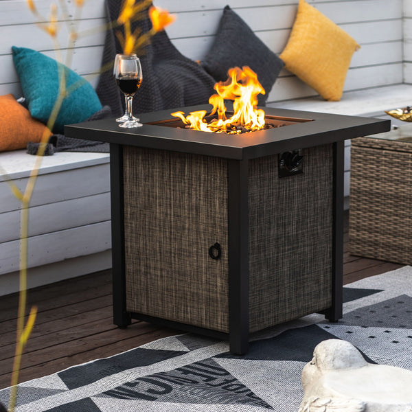 40000Btu Square Propane Fire Pit Table Steel Tabletop With Textilene Side Panel, Steel Lid And Rocks - Black / Gray