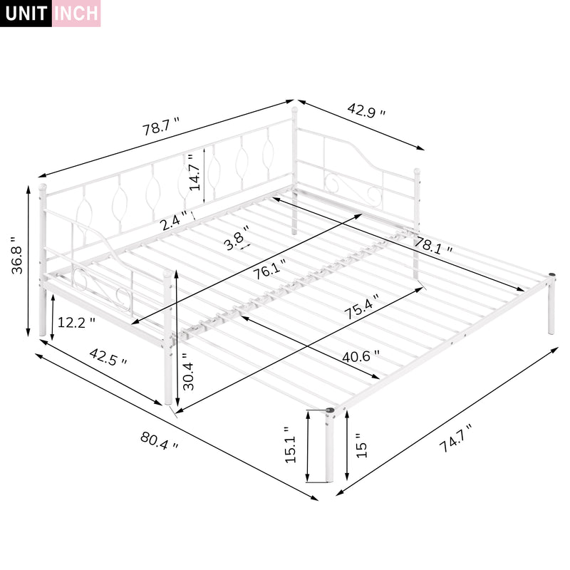 Twin Size Metal Daybed with Trundle, Daybed with Slat No Box required White