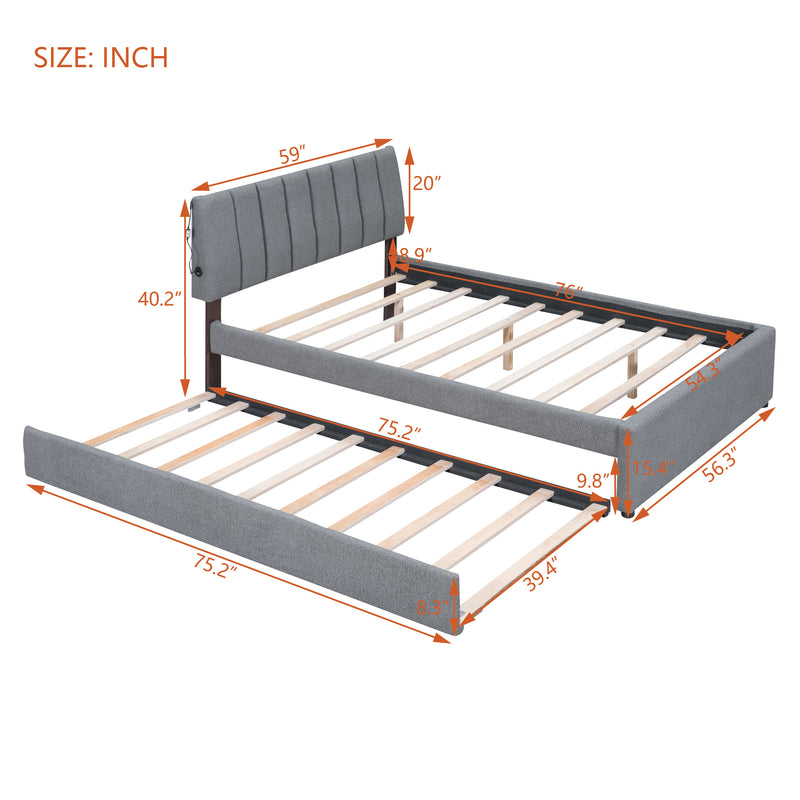 Teddy Fleece Full Size Upholstered Platform Bed with Trundle, Gray