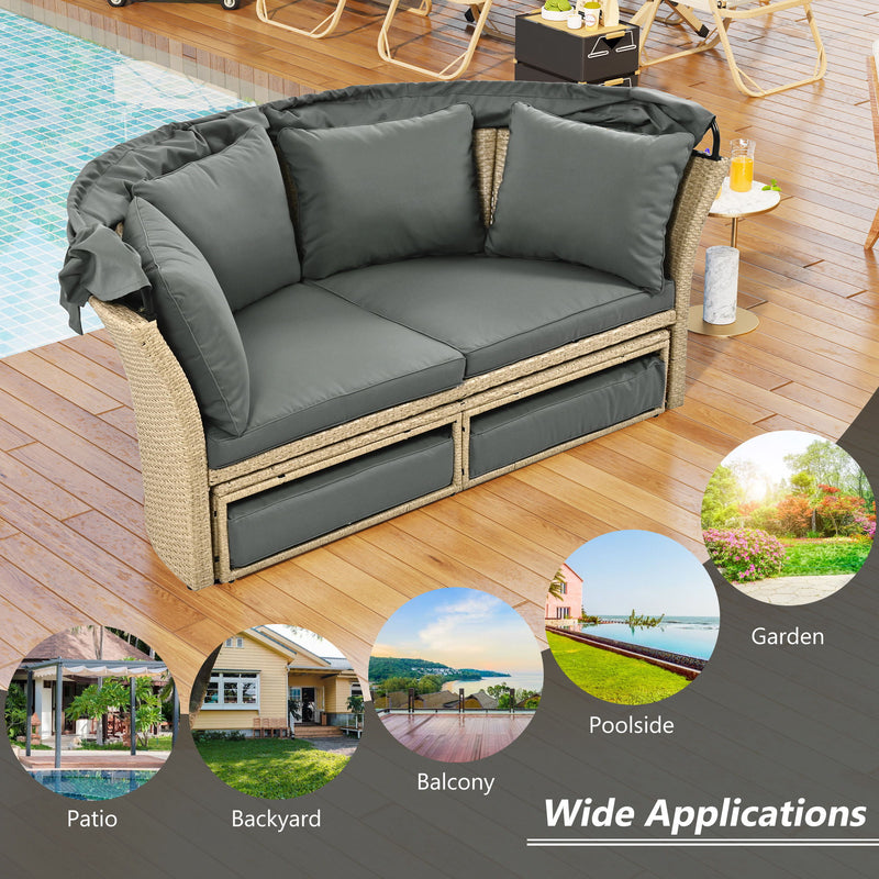 Outdoor Patio Daybed Wicker Rattan Double Daybed Round Sofa Furniture Set With Retractable Canopy, 4 Pillows For Lawn Garden