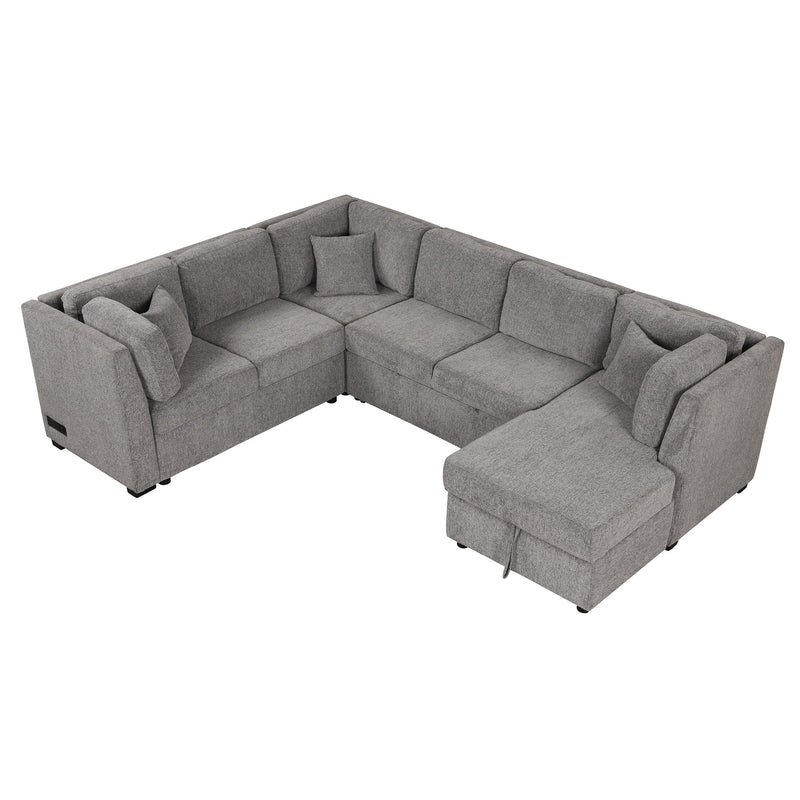 U-Shaped Sectional Sofa Pull Out Sofa Bed With Two USB Ports, Two Power Sockets, Three Back Pillows And A Storage Chaise For Living Room