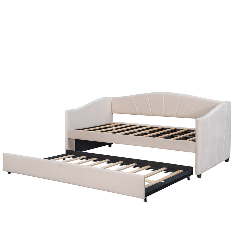 Twin Size Upholstered Daybed Sofa Bed With Trundle Bed And Wood Slat - Beige