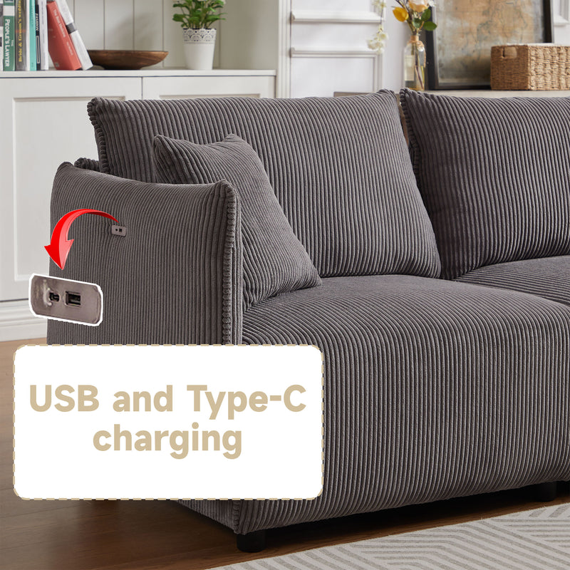 Multi-Module Combination Style Sofa For Living Room, Bedroom And Other Lounge Spaces, Modern Minimalist Corduroy Combination Sofa With 2 Comfort Cushions With USB & C Charging Ports, Two Sets - Gray