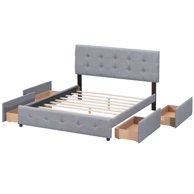 Queen Size Upholstered Platform Bed With Classic Headboard And 4 Drawers, No Box Spring Needed - Light Gray