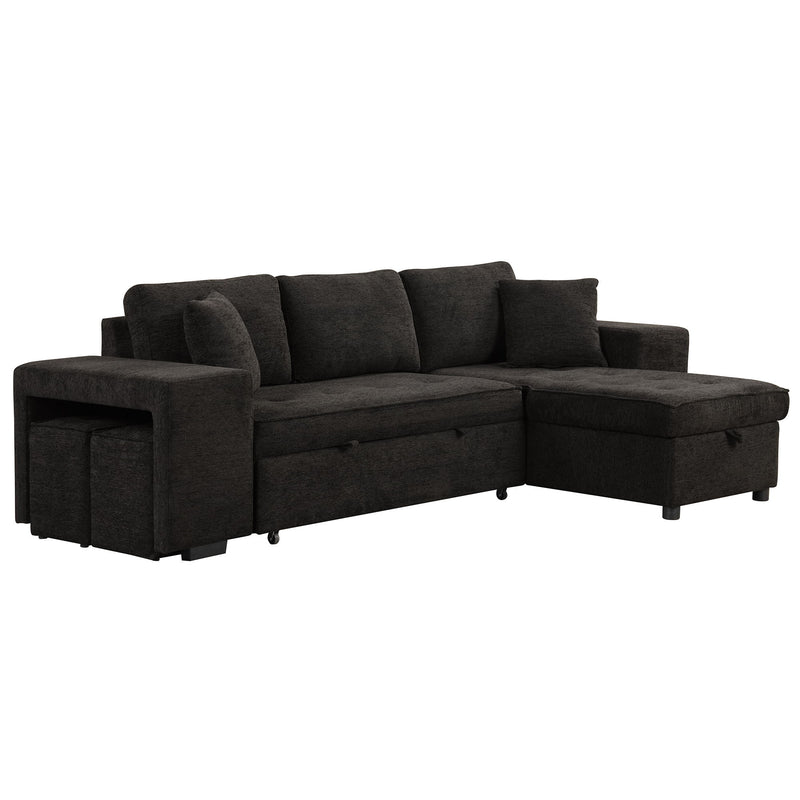 Modern L-Shape 3 Seat Reversible Sectional Couch, Pull Out Sleeper Sofa With Storage Chaise And 2 Stools For Living Room Furniture Set