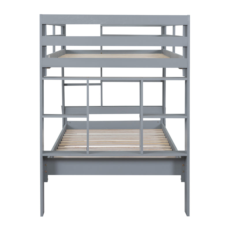 Twin over Twin Bunk Bed with Shelves and Built-in Ladder, Gray