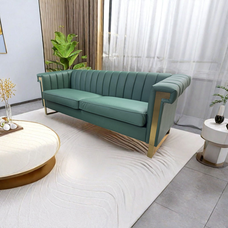 Sofa Modern Sofa With Gold Accents, Sleek Channel-Tufted Upholstery, 3 Seat Couch For Living Room And Office Decor