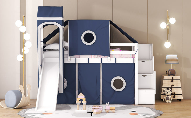 Twin Size Loft Bed with Tent and Tower - Blue