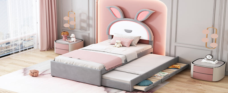 Twin Size Upholstered Platform Bed with Trundle and 3 Drawers, Rabbit-Shaped Headboard with Embedded LED Lights, Gray