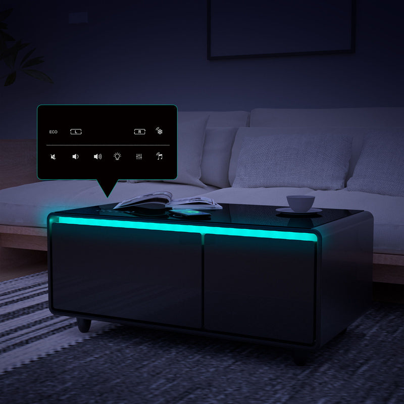 Modern Smart Coffee Table With Built-In Fridge - Bluetooth Speaker, Wireless Charging, Touch Control Panel, USB Interface, Outlet Protection, Atmosphere Light - Black