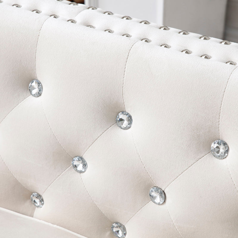 Wide Velvet Sofa With Jeweled Buttons, Square Arm, 2 Pillows - Beige