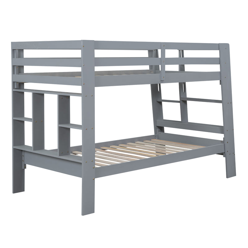 Twin over Twin Bunk Bed with Shelves and Built-in Ladder, Gray