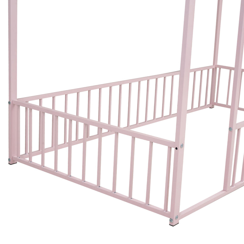 Twin Size Metal Bed House Bed Frame With Fence, For Kids, Teens, Girls, Boys