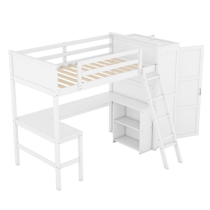 Twin size Loft Bed with Desk, Shelves and Wardrobe-White