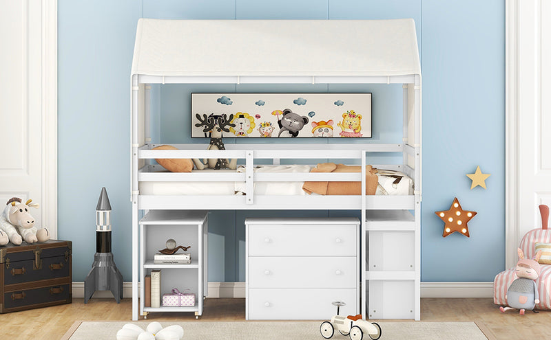 Twin Size Loft Bed with Rolling Cabinet, Shelf and Tent - White