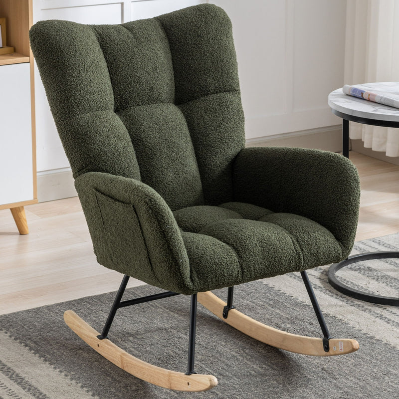 30.3" Rocking Chair With Pocket, Soft Teddy Fabric Rocking Chair For Nursery, Comfy Wingback Glider Rocker With Safe Solid Wood Base For Living Room Bedroom Balcony - Dark Green