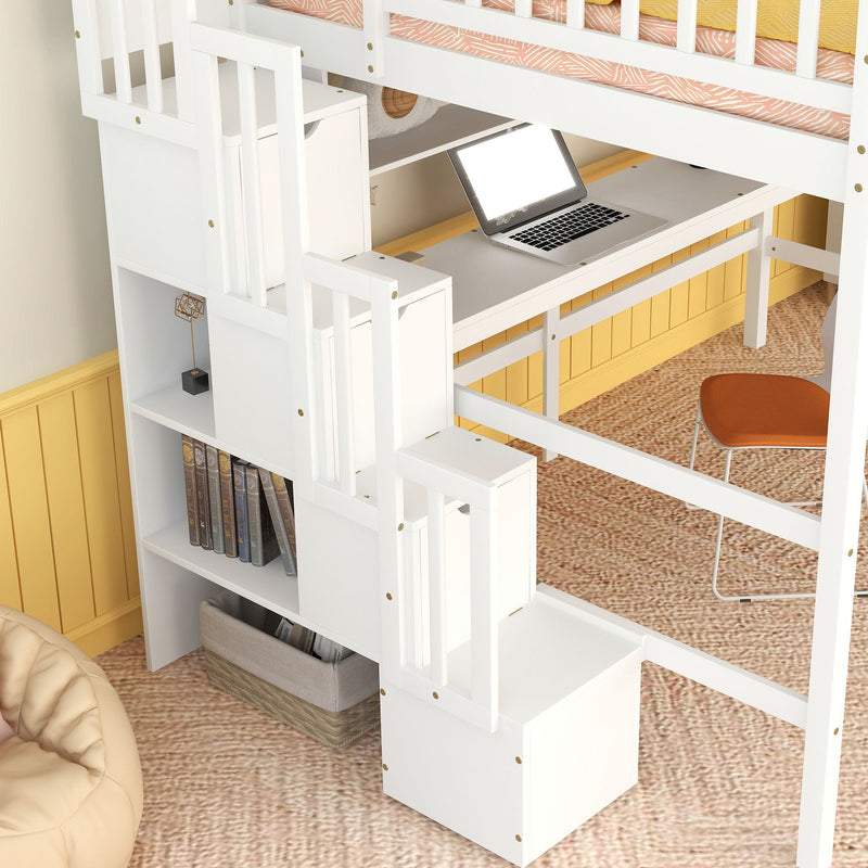 Full Size Loft Bed With Built-In Desk, Bookshelves And Storage Staircase - White