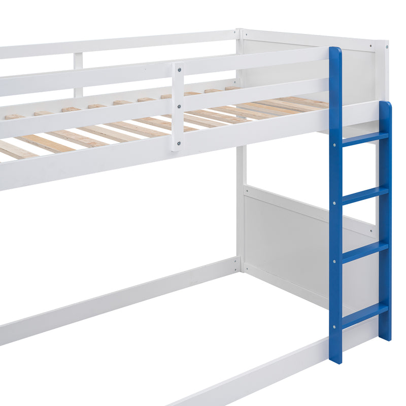 Twin over Twin Boat-Like Shape Bunk Bed with Storage Shelves, White+Blue