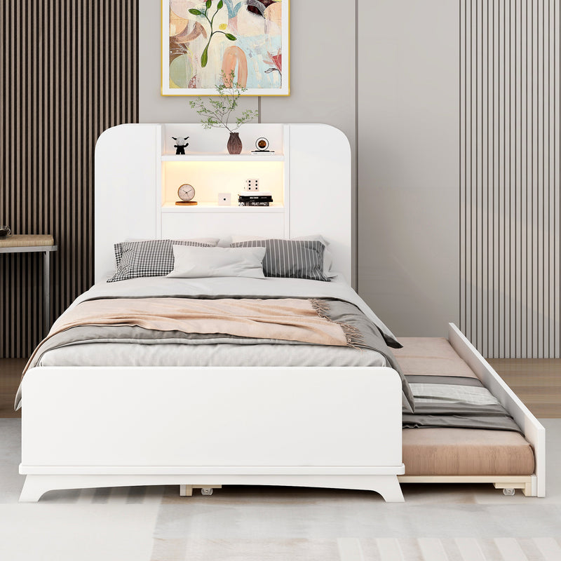 Twin Size Storage Platform Bed Frame with with Trundle and Light Strip Design in Headboard,White