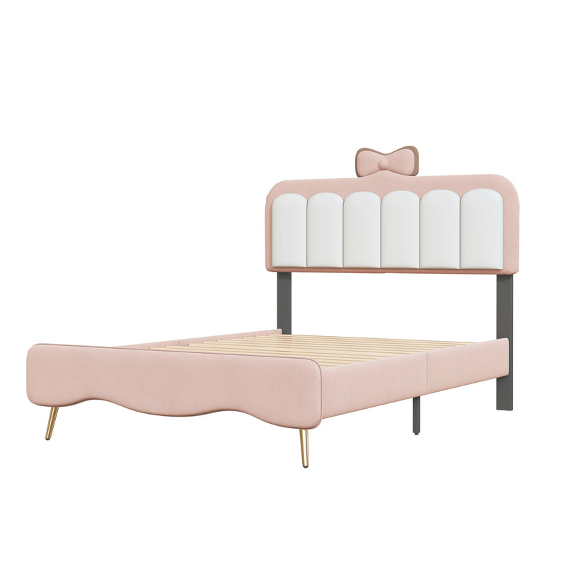 Twin size Velvet Princess Bed With Bow-Knot Headboard,Twin Size Platform Bed with Headboard and Footboard,White+Pink