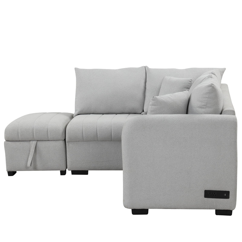 L-Shaped Sectional Pull Out Sofa Bed Sleeper Sofa With Two USB Ports, Two Power Sockets And A Movable Storage Ottoman