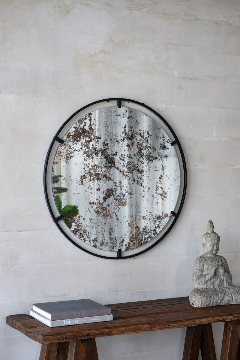 Theodor Mirror With Industrial Design Round Mirror With Metal Frame For Wall Decor & Entryway Console Lean Against Wall - Black