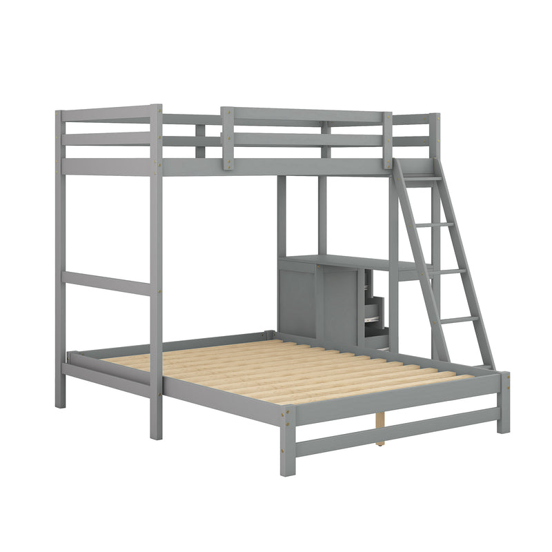 Twin over Full Bunk Bed with Built-in Desk and Three Drawers,Grey